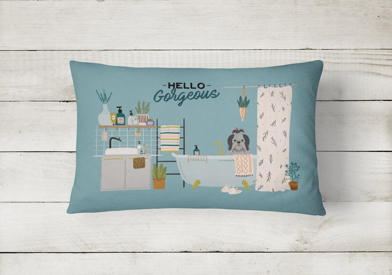 Black Silver Shih Tzu in Bathtub Canvas Fabric Decorative Pillow CK7511PW1216