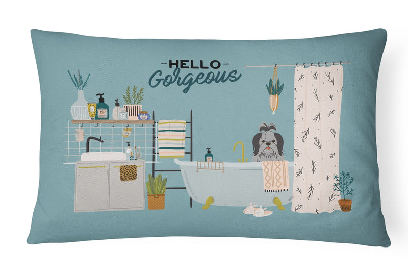 Black Silver Shih Tzu in Bathtub Canvas Fabric Decorative Pillow CK7511PW1216