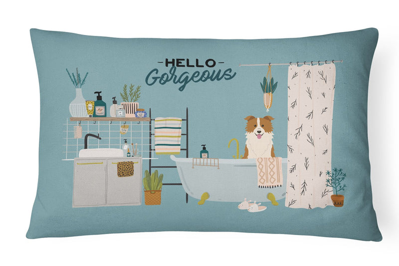 Red White Border Collie in Bathtub Canvas Fabric Decorative Pillow CK7541PW1216