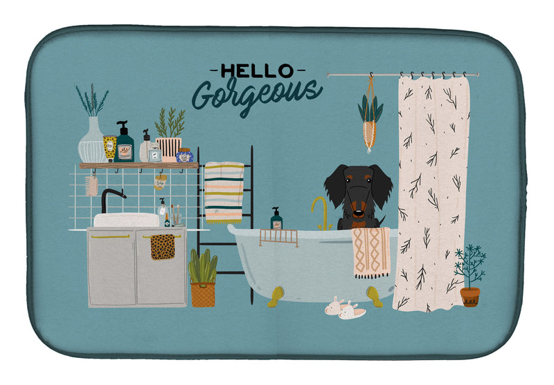 Black Tan Wire Haired Dachshund in Bathtub Dish Drying Mat – Absorbent, Artistic Kitchen Essentials CK7549DDM