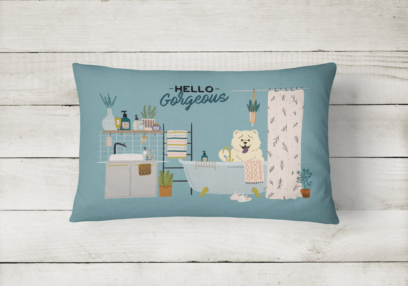 White Chow Chow in Bathtub Canvas Fabric Decorative Pillow CK7562PW1216