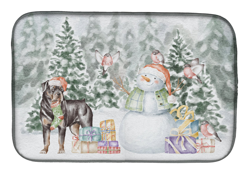 Rottweiler Standing with Christmas Presents Dish Drying Mat – Absorbent, Artistic Kitchen Essentials
