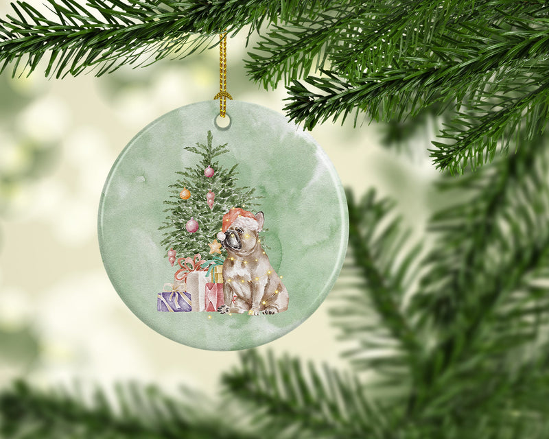 Christmas French Bulldog Fawn Ornament - Round Ceramic Ornament – Artist-Designed Keepsake Decoration