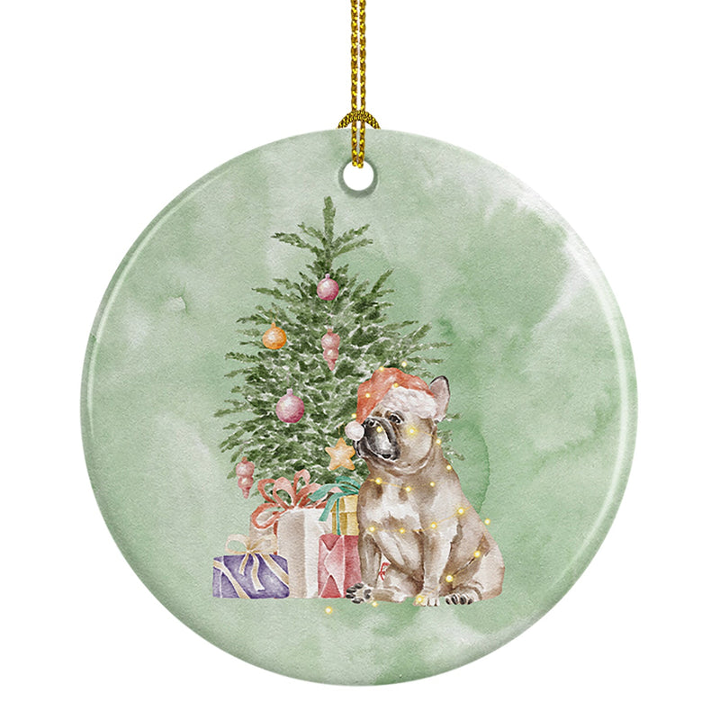 Christmas French Bulldog Fawn Ornament - Round Ceramic Ornament – Artist-Designed Keepsake Decoration