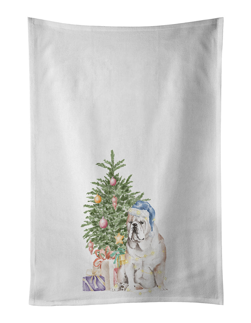 Bulldog, English Bulldog Christmas Presents and Tree White Kitchen Towel Set of 2