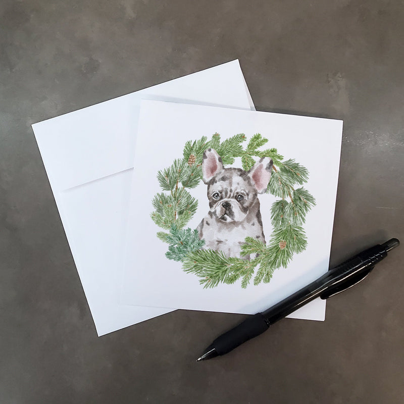 French Bulldog Puppy Pied with Christmas Wreath Square Greeting Cards and Envelopes Pack of 8