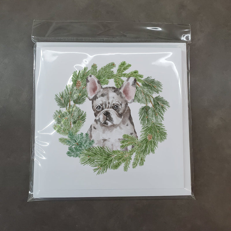 French Bulldog Puppy Pied with Christmas Wreath Square Greeting Cards and Envelopes Pack of 8