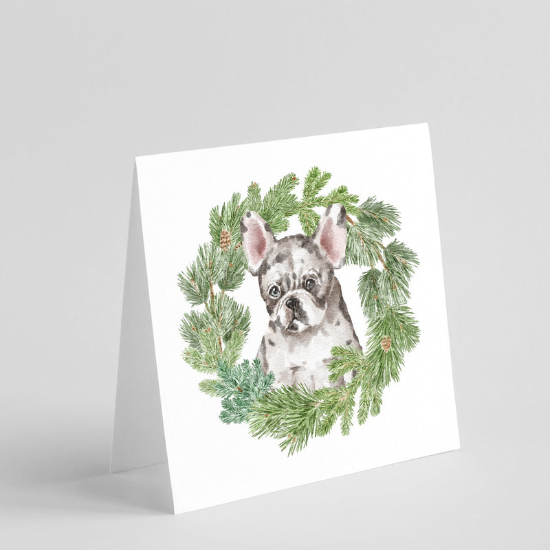 French Bulldog Puppy Pied with Christmas Wreath Square Greeting Cards and Envelopes Pack of 8