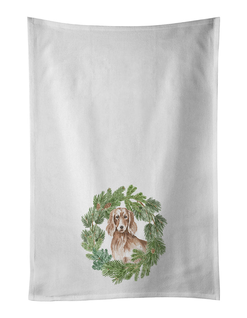 Dachshund Red Longhaired Christmas Wreath White Kitchen Towel Set of 2