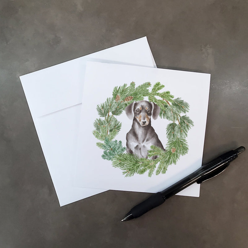 Dachshund Black and Tan with Christmas Wreath Square Greeting Cards and Envelopes Pack of 8