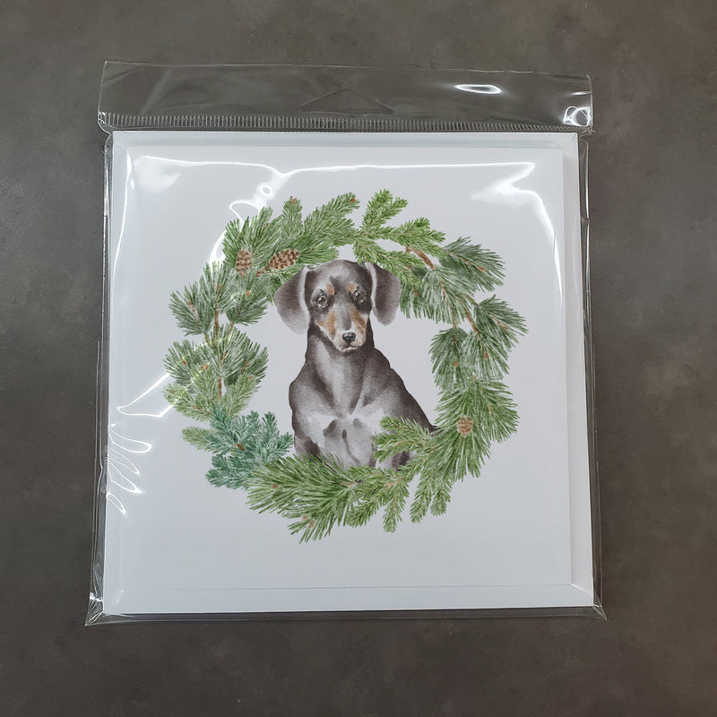 Dachshund Black and Tan with Christmas Wreath Square Greeting Cards and Envelopes Pack of 8