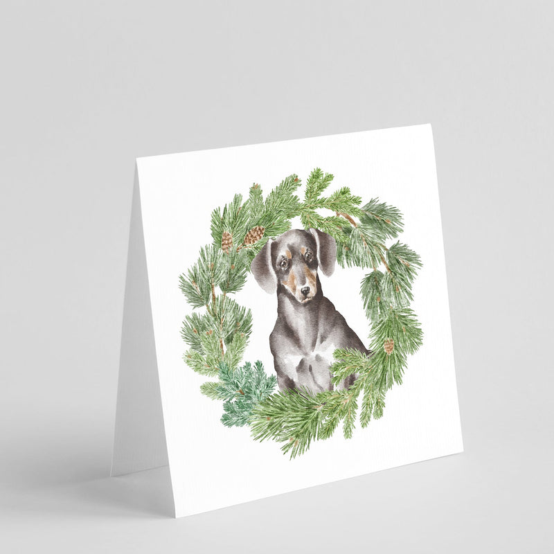 Dachshund Black and Tan with Christmas Wreath Square Greeting Cards and Envelopes Pack of 8