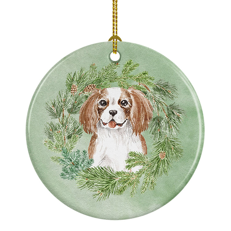 Cavalier Spaniel Blenheim Puppy Smiling Christmas Wreath Ceramic Ornament