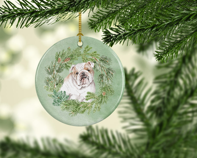 Bulldog Fawn Head Tilt Christmas Wreath Ceramic Ornament