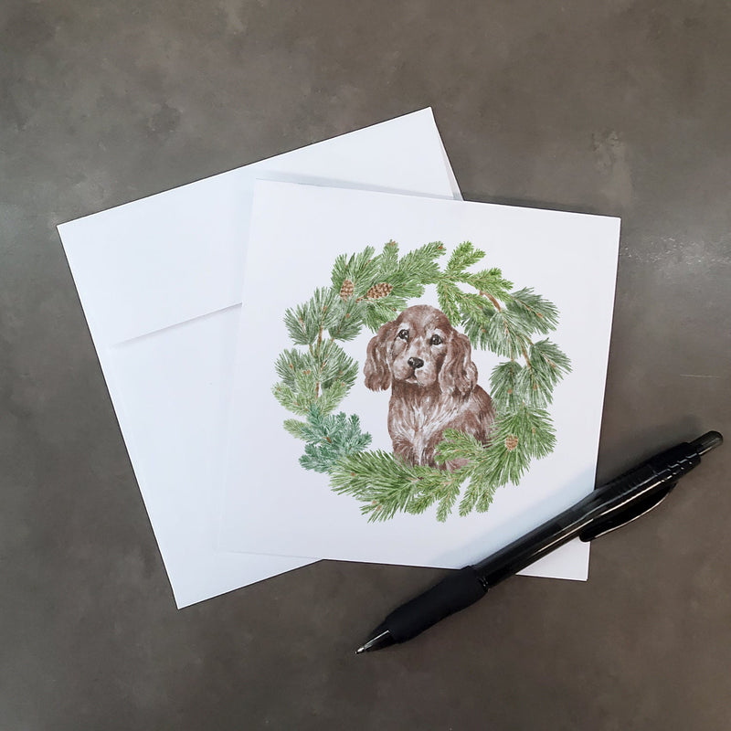 Cocker Spaniel Puppy Liver with Christmas Wreath Square Greeting Cards -  Blank Note Cards – 8-Pack of Artist-Designed Cards with Envelopes