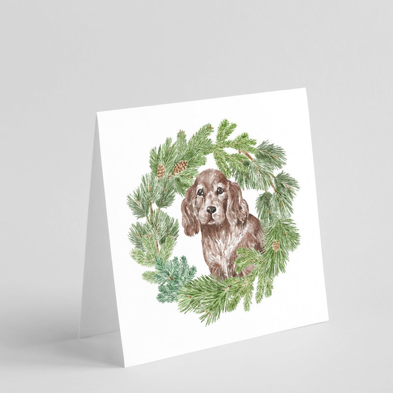 Cocker Spaniel Puppy Liver with Christmas Wreath Square Greeting Cards -  Blank Note Cards – 8-Pack of Artist-Designed Cards with Envelopes