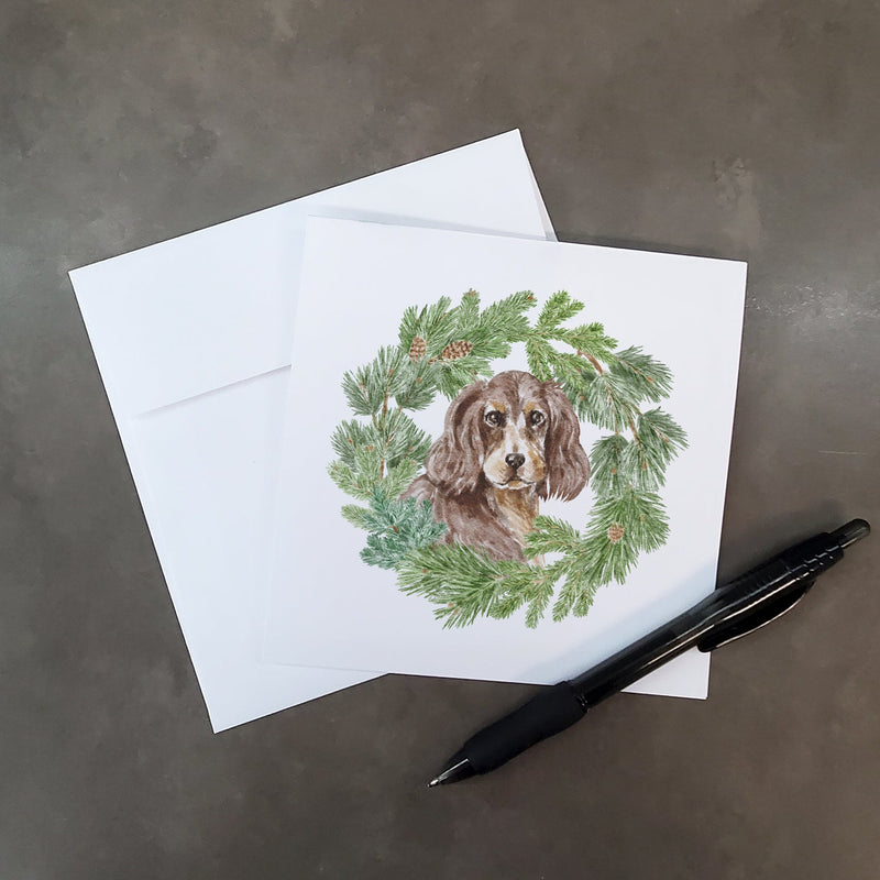 Cocker Spaniel Liver and Tan with Christmas Wreath Square Greeting Cards and Envelopes Pack of 8