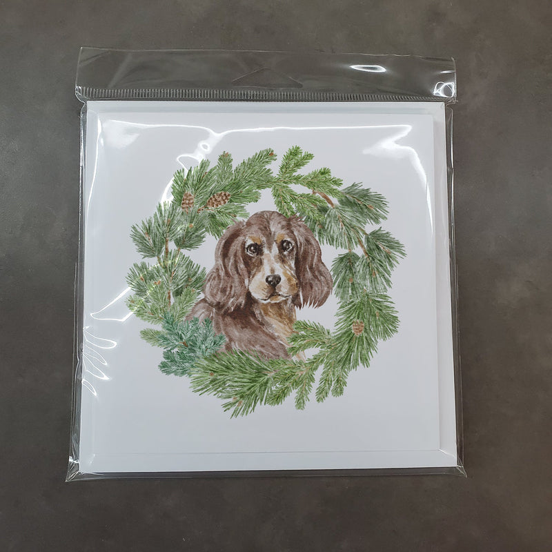 Cocker Spaniel Liver and Tan with Christmas Wreath Square Greeting Cards and Envelopes Pack of 8