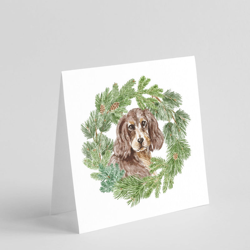 Cocker Spaniel Liver and Tan with Christmas Wreath Square Greeting Cards and Envelopes Pack of 8