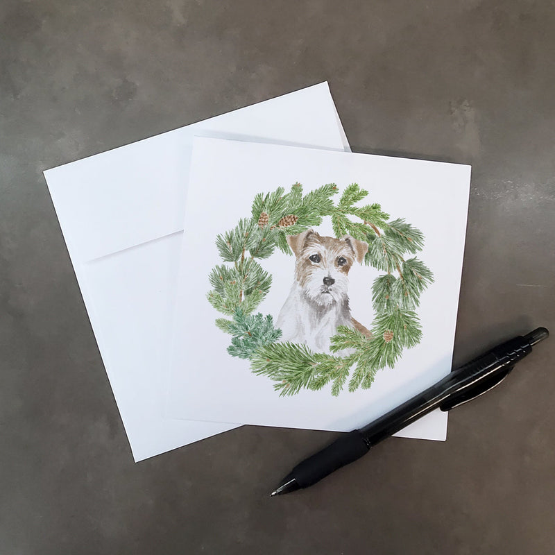 Jack Russell Terrier Chestnut and White Wirehaired with Christmas Wreath Square Greeting Cards and Envelopes Pack of 8