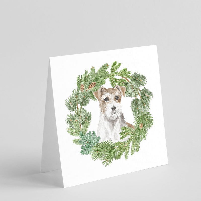 Jack Russell Terrier Chestnut and White Wirehaired with Christmas Wreath Square Greeting Cards and Envelopes Pack of 8