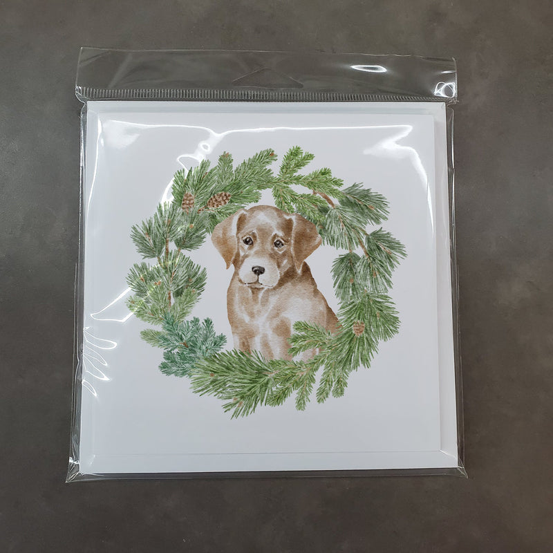 Labrador Retriever Puppy Yellow with Christmas Wreath Square Greeting Cards and Envelopes Pack of 8