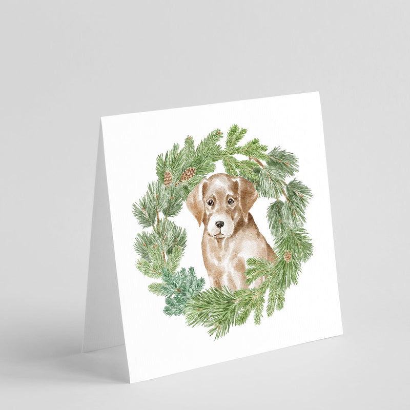 Labrador Retriever Puppy Yellow with Christmas Wreath Square Greeting Cards and Envelopes Pack of 8