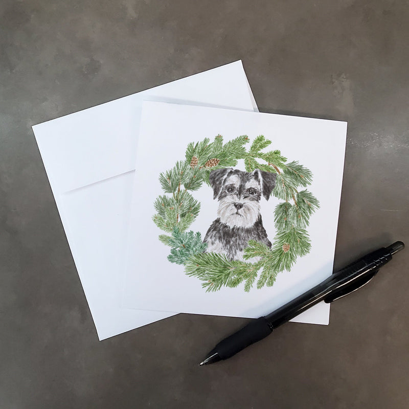 Schnauzer Black and Silver with Christmas Wreath Square Greeting Cards and Envelopes Pack of 8