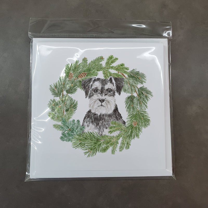 Schnauzer Black and Silver with Christmas Wreath Square Greeting Cards and Envelopes Pack of 8