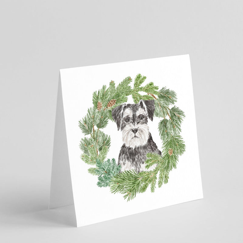 Schnauzer Black and Silver with Christmas Wreath Square Greeting Cards and Envelopes Pack of 8