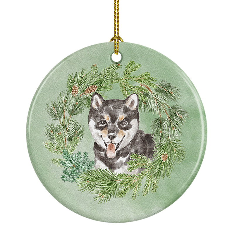 Shiba Inu Puppy Black Sesame Christmas Wreath Ceramic Ornament