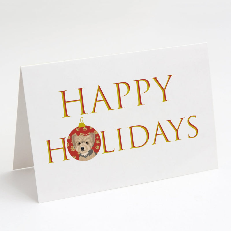 Yorkie Blue and Tan Puppy Happy Holidays Greeting Cards and Envelopes Pack of 8