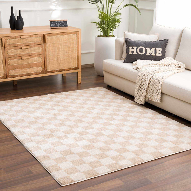Canika Checkered Cream Washable Area Rug