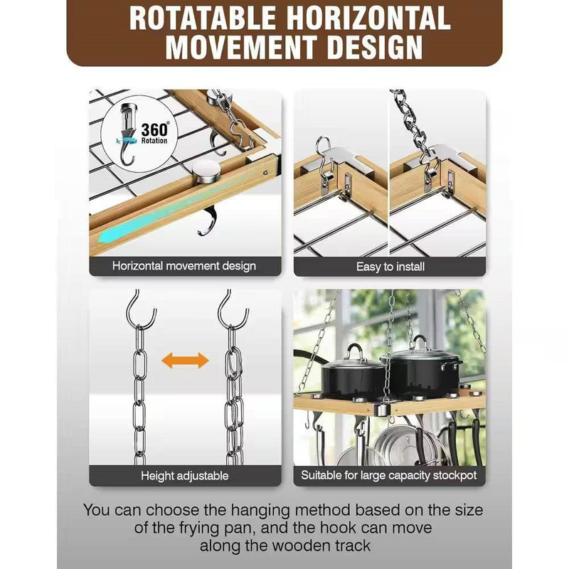 Rectangular 23.5-inch Metal Wood Ceiling Mounted Kitchen Pot Rack, photo 3 of 5