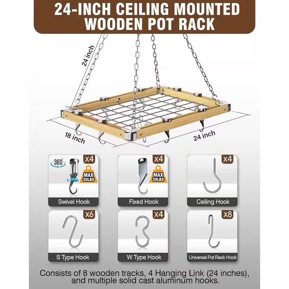 Rectangular 23.5-inch Metal Wood Ceiling Mounted Kitchen Pot Rack, photo 5 of 5