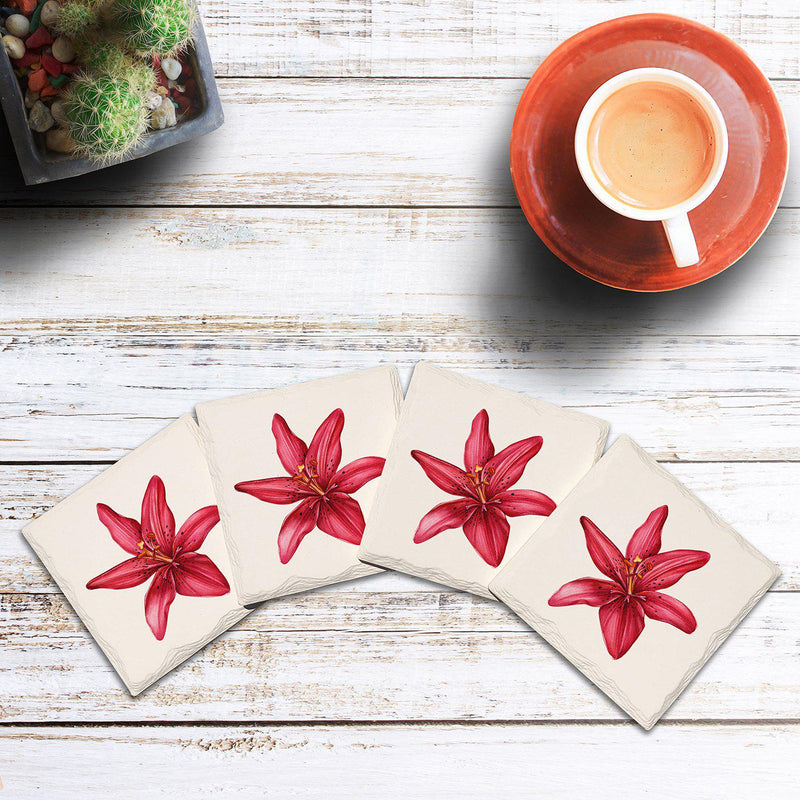 Lily Flower | Drink Coaster Set of 4 | Absorbent Ridged Ceramic with Cork Backing