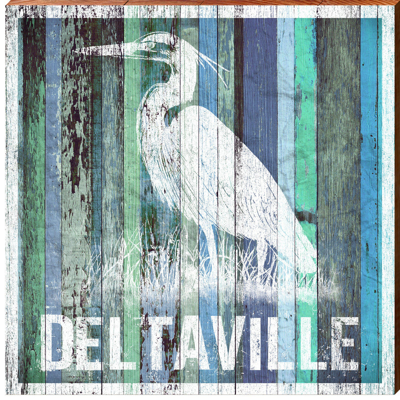 Deltaville, Virginia Blue Heron Wooden Sign | Wall Art Print on Real Wood Sign