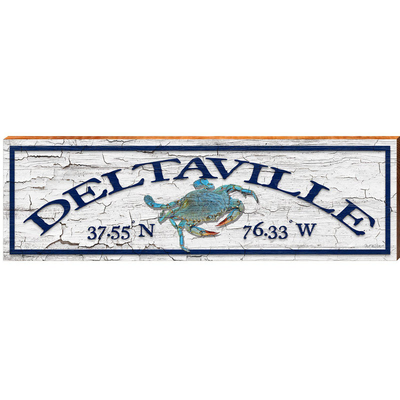 Deltaville Blue Crab White Latitude Longitude | Wall Art Print on Real Wood