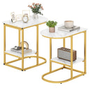 C-Shaped Side Table with Faux Marble Top and Storage Shelf