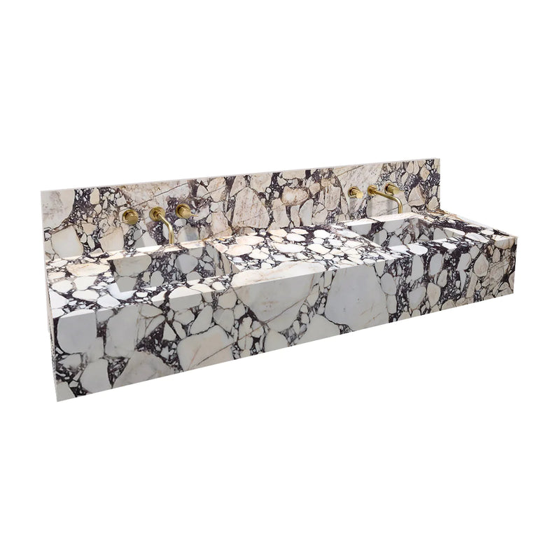 Calacatta Viola Marble Double Sink Wall-mount Bathroom Sink with 10" Backsplash (W)20" (L)80" (H)8"