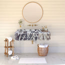 Calacatta Viola Marble Wall-mount Bathroom Vanity Ribbed Textured Front (W)18" (L)32" installed bright bathroom round gold frame mirror soap dispenser glass vase and plant gold wall-mount faucet towel box side wooden table shelf white foot towel 