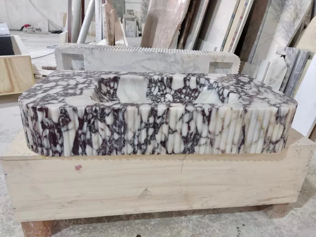 Calacatta Viola Marble Wall-mount Bathroom Vanity - Handcrafted Ribbed Textured 18x32x6, photo 6 of 9