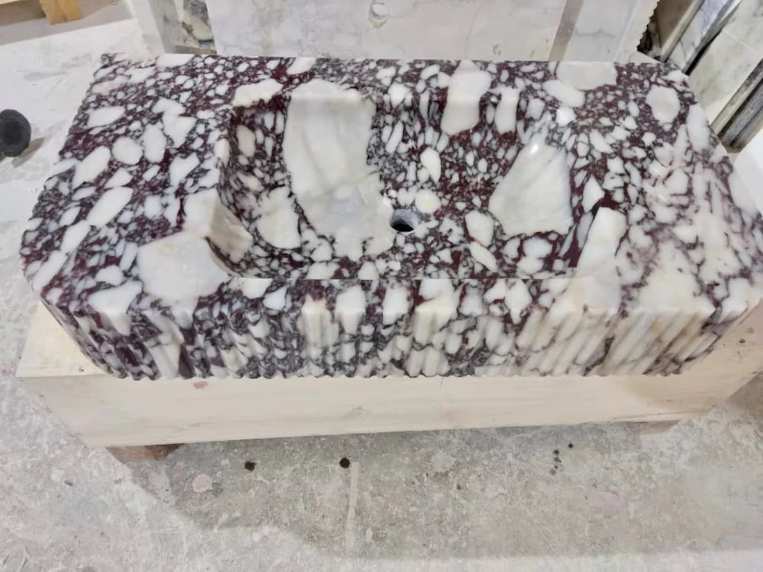 Calacatta Viola Marble Wall-mount Bathroom Vanity - Handcrafted Ribbed Textured 18x32x6, photo 7 of 9