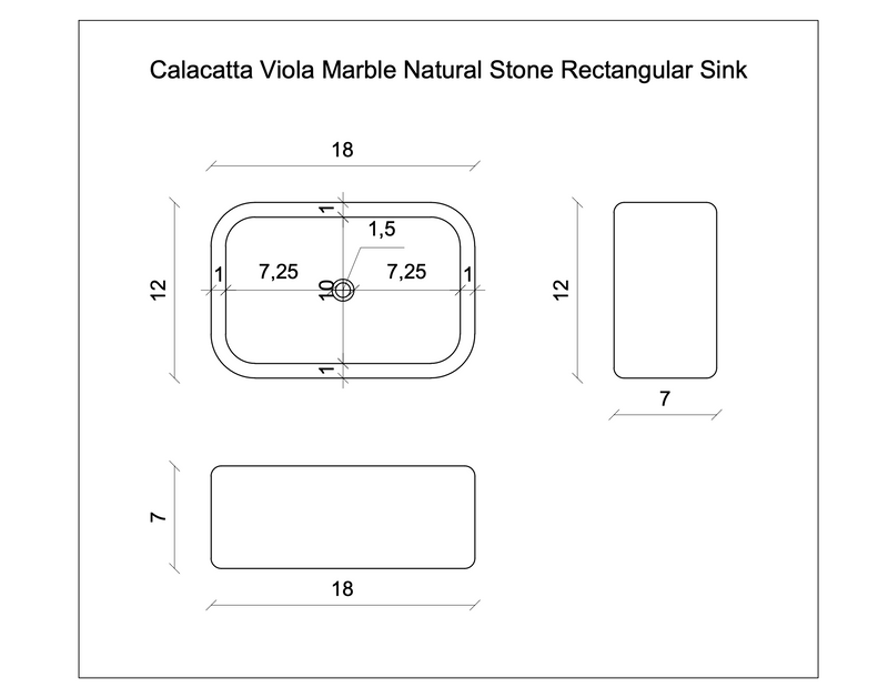 Calacatta Viola Marble Natural Stone Rectangular Sink (W)18" (L)12" (H)7"