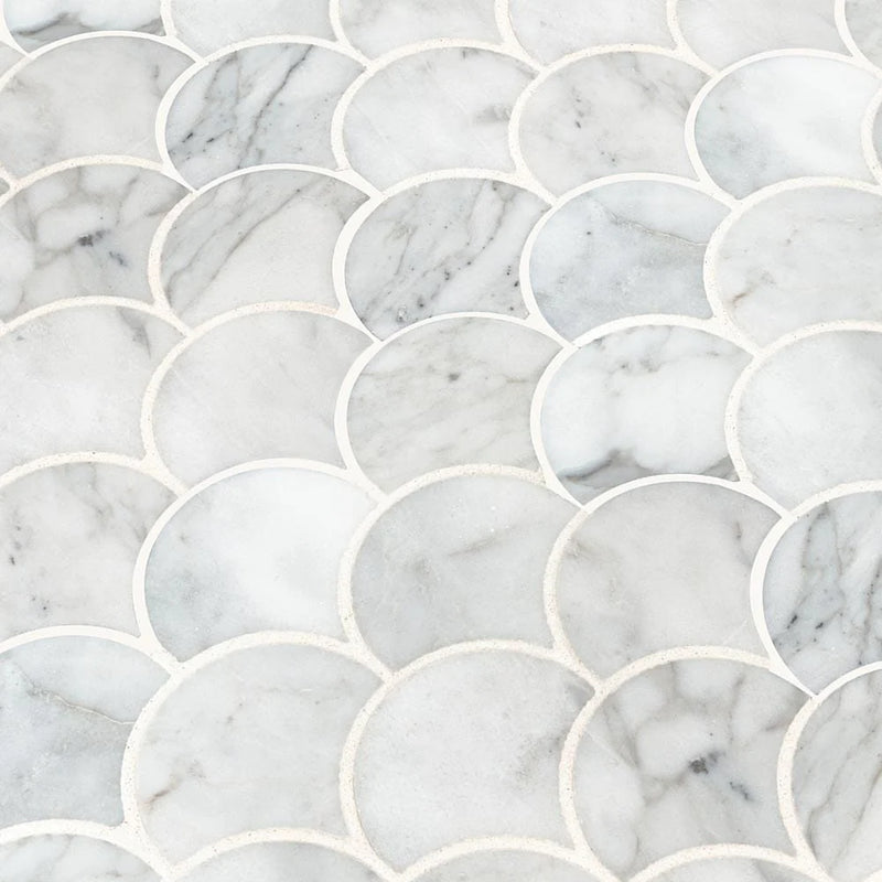 MSI Calacatta Blanco Scallop Polished Marble Mosaic Tile 10.43"x12.8", angled view