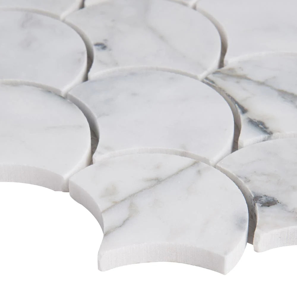MSI Calacatta Blanco Scallop Polished Marble Mosaic Tile 10.43"x12.8", profile view