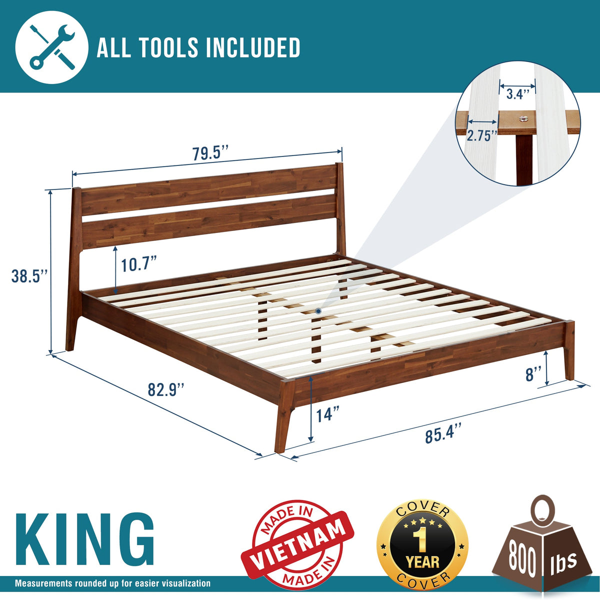 Callisto Solid Wood Bed Frame, dimensions drawing