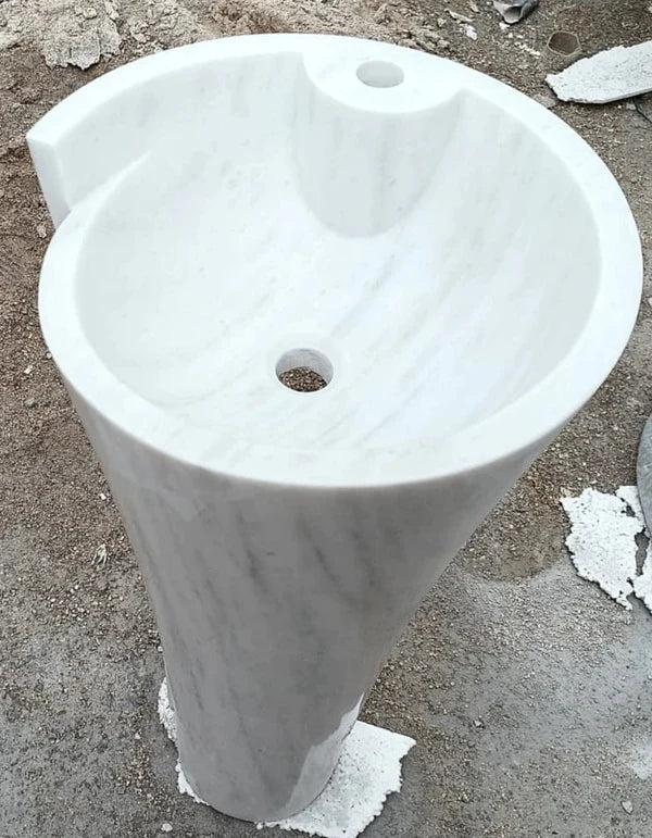 Carrara White Marble Stand-alone Designer Pedestal Bathroom Sink (W)16.5" (L)16.5" (H)36"