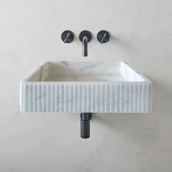 Carrara White Marble Wall-mount Bathroom Sink Ribbed Textured (W)16" (W)24" (H)6"