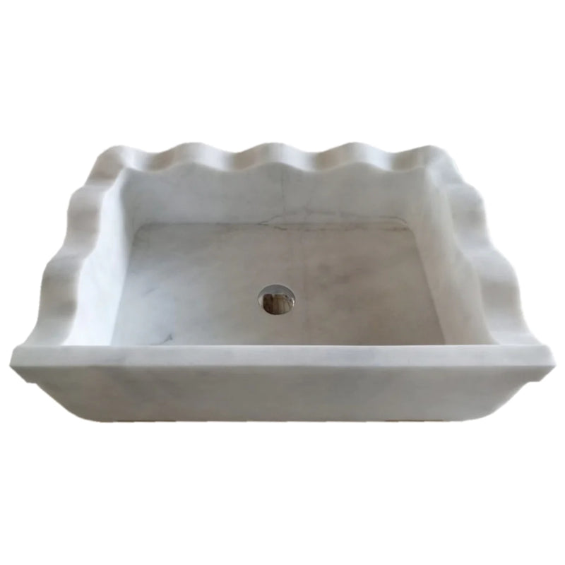 Carrara White Marble Rectangular Wall-mount Wavy Edges Bathroom Sink (W)16" (L)24" (H)6"
